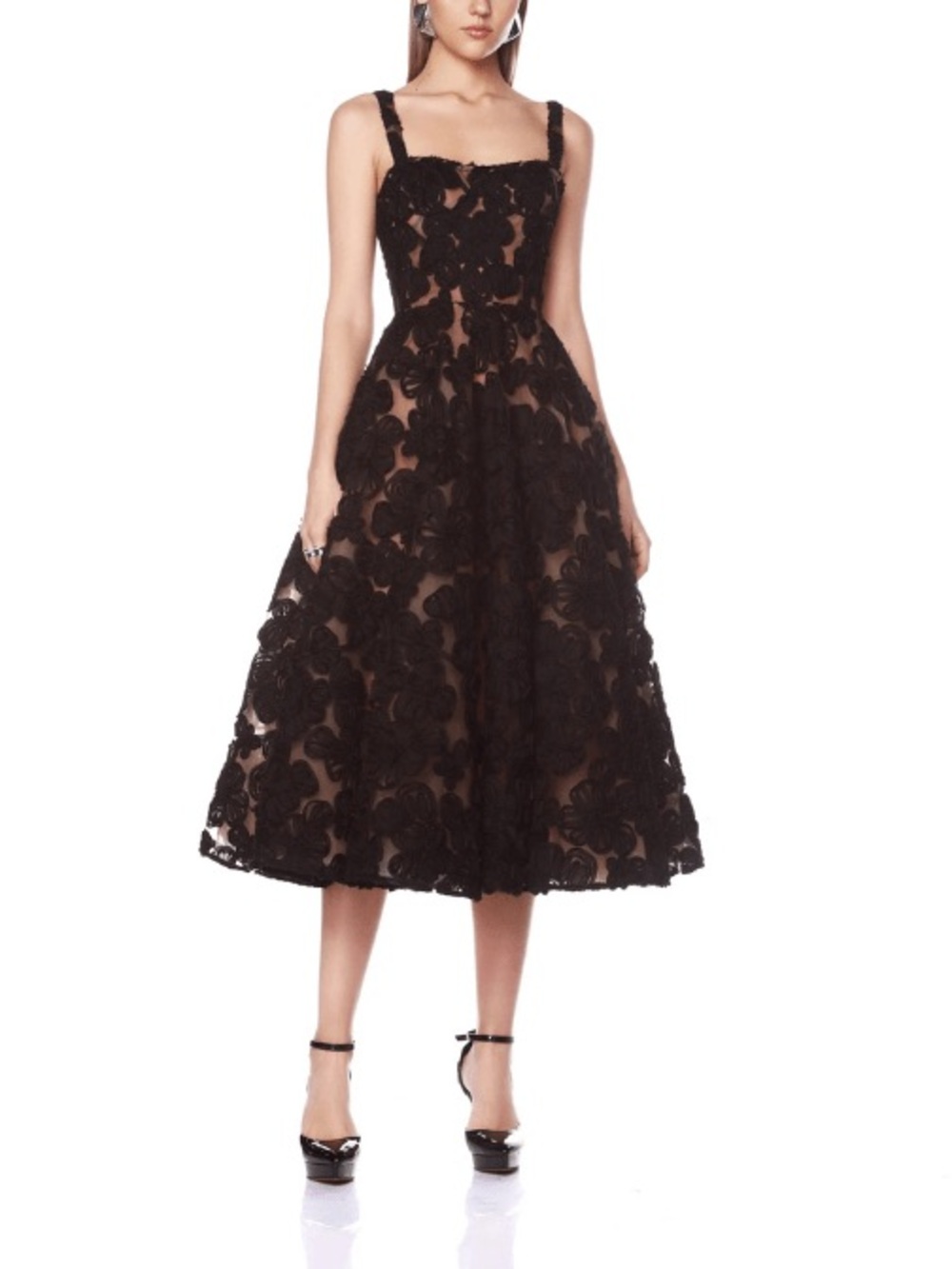 Bronx and Banco Black Floral Appliqué Midi Dress